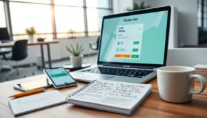 A desk with a laptop displaying a payday loan status screen, a smartphone, and handwritten notes reflects the modern borrower’s workspace, set in a bright office with large windows and touches of greenery—a nod to evolving tech trends.