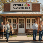 A group of adults in casual and western-style clothing stand outside a brick storefront with a sign reading "Payday Loans Available," highlighting a solution for rural borrowers in a small town setting on a clear day.
