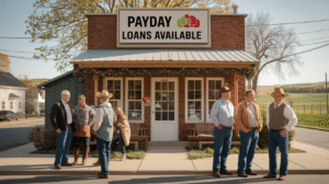 A group of adults in casual and western-style clothing stand outside a brick storefront with a sign reading "Payday Loans Available," highlighting a solution for rural borrowers in a small town setting on a clear day.