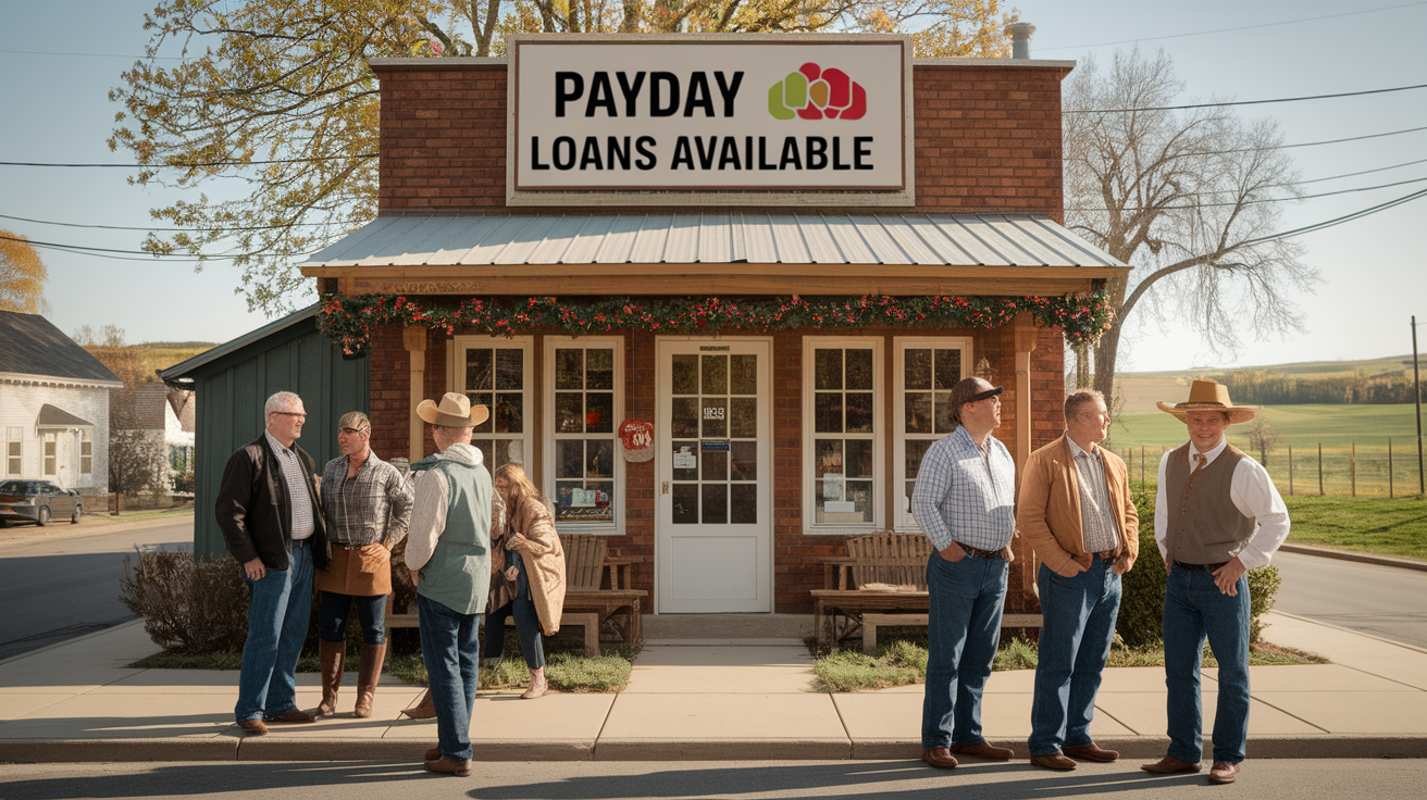 A group of adults in casual and western-style clothing stand outside a brick storefront with a sign reading "Payday Loans Available," highlighting a solution for rural borrowers in a small town setting on a clear day.