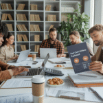 Five people work at a table with laptops, papers, and coffee cups. One person holds a brochure titled "Fast Cash Options Explained," exploring topics like payday loans for students. Bookshelves and large windows are in the background.