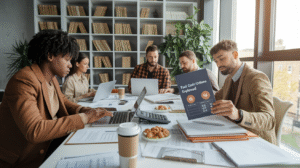 Five people work at a table with laptops, papers, and coffee cups. One person holds a brochure titled "Fast Cash Options Explained," exploring topics like payday loans for students. Bookshelves and large windows are in the background.