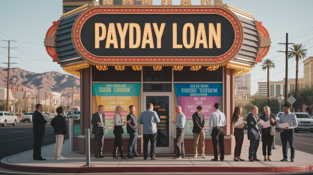People stand in line outside a brightly lit Payday Loans Nevada storefront on a sunny day. The building displays illuminated signage and posters advertising quick cash services, with mountains and palm trees visible in the background.