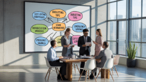 Five people in business attire discuss effective tips around a table in a modern office. Behind them, a large presentation board displays a colorful mind map with terms like "Budgeting Tips," "Loan Alternatives," and "Emergency Savings.