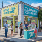 People gather around a corner storefront labeled "Payday Loan" and "Community Strategies" on a sunny day, engaging at tables outside. The lively street scene highlights effective strategies for local marketing among shops and lampposts.