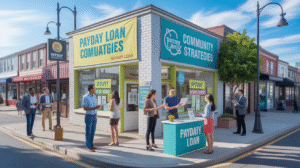 People gather around a corner storefront labeled "Payday Loan" and "Community Strategies" on a sunny day, engaging at tables outside. The lively street scene highlights effective strategies for local marketing among shops and lampposts.