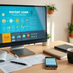 A computer monitor displays a Payday Loan Guide website. Papers, a notebook, a smartphone, pen, and a cup of coffee are on the wooden desk. Bookshelves and a plant are visible in the background.