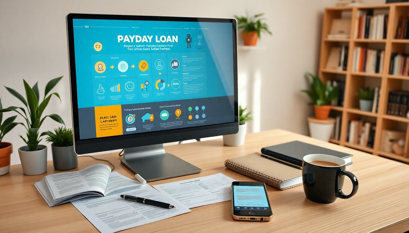 A computer monitor displays a Payday Loan Guide website. Papers, a notebook, a smartphone, pen, and a cup of coffee are on the wooden desk. Bookshelves and a plant are visible in the background.