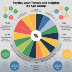 A circular chart shows payday loan trends and insights by age group, with colored segments and icons representing percentages, average loan reasons, repayment stats, and risks, surrounded by detailed graphs and payday loan data panels.