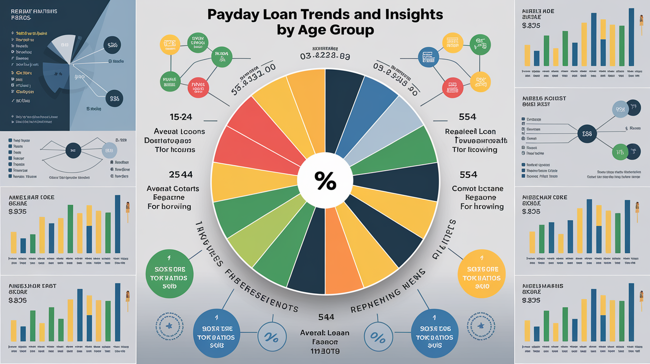 A circular chart shows payday loan trends and insights by age group, with colored segments and icons representing percentages, average loan reasons, repayment stats, and risks, surrounded by detailed graphs and payday loan data panels.