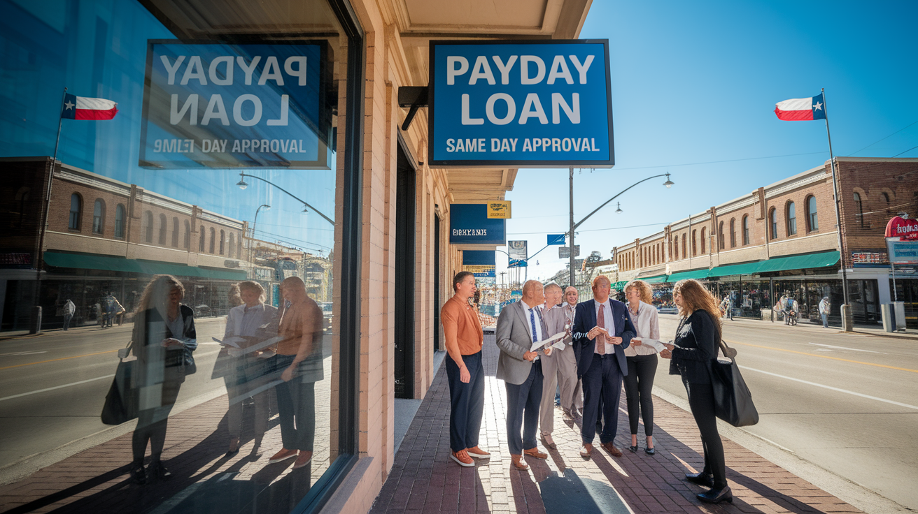 A group of six adults in business attire stand talking on a sunny Texas sidewalk in front of a payday loan storefront. A large sign reads "PAYDAY LOAN SAME DAY APPROVAL," offering a quick guide to fast cash solutions. Texas flags are visible.