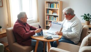 Two retirees sit at a round table with a laptop, calculator, and paperwork, reviewing financial documents in a well-lit room with bookshelves and a potted plant—a helpful scene for anyone seeking a guide for retirees.