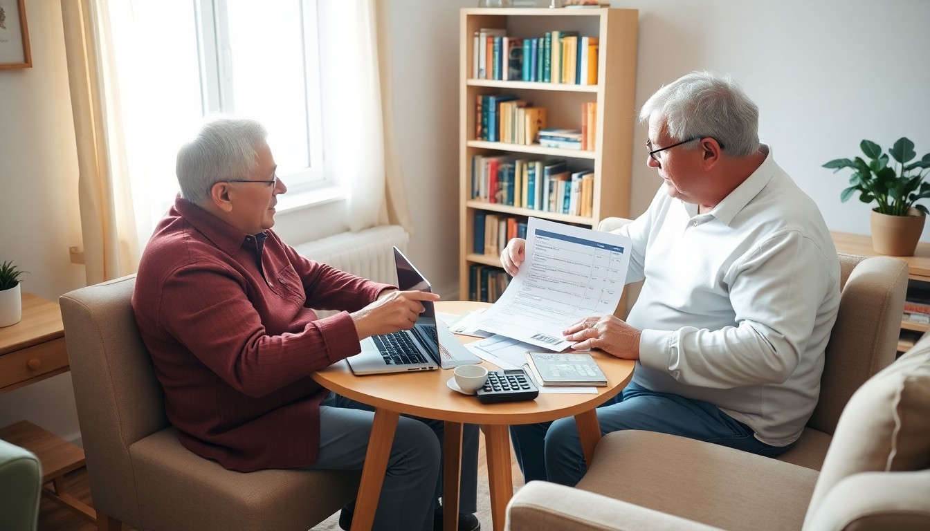 Two retirees sit at a round table with a laptop, calculator, and paperwork, reviewing financial documents in a well-lit room with bookshelves and a potted plant—a helpful scene for anyone seeking a guide for retirees.