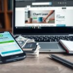 A smartphone displaying a payday loan app sits on cash and credit cards, next to a notepad, pen, and a laptop with a loan website—an essential guide to navigating payday loans using smartphones on your desk.