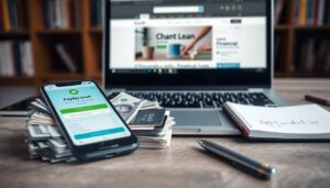 A smartphone displaying a payday loan app sits on cash and credit cards, next to a notepad, pen, and a laptop with a loan website—an essential guide to navigating payday loans using smartphones on your desk.