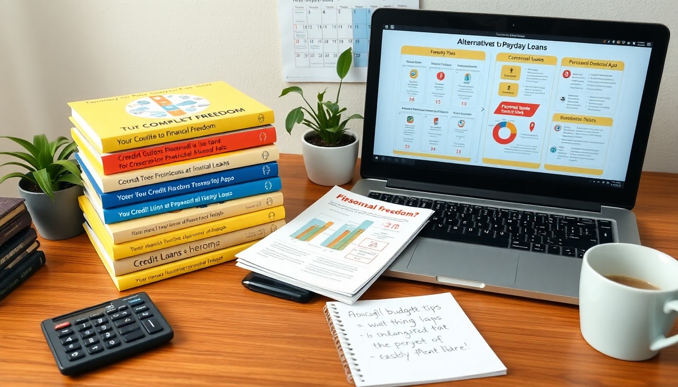 A desk with a laptop displaying a Complete Guide to Payday Loan Alternatives, a stack of finance books, a financial freedom leaflet, a notebook with handwritten notes, pen, calculator, smartphone, coffee cup, and wall calendar.