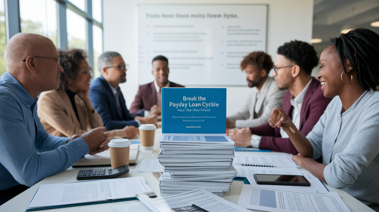 A group of seven professionals sit around a conference table with documents and coffee cups. In the foreground is a tall stack of reports titled "Payday Loan Guide: Break the Payday Loan Cycle." Sunlight streams through a large window.