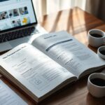 An open book and printed documents with text and charts are spread on a wooden table. Nearby are three cups of coffee, a pen, and an open laptop displaying a Step-by-Step Guide to Personal Loans for 2025 under sunlight.