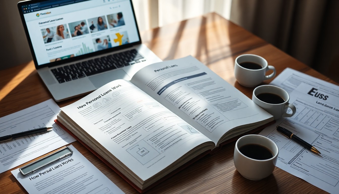 An open book and printed documents with text and charts are spread on a wooden table. Nearby are three cups of coffee, a pen, and an open laptop displaying a Step-by-Step Guide to Personal Loans for 2025 under sunlight.