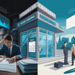 A split image illustrates Payday Lending Trends: a stressed man with financial documents in an office on the left, and people outside a payday lending storefront with rising charts on the right, all set against a cityscape—hinting at shifting Forecast 2025 outlooks.
