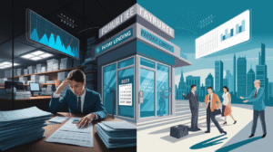 A split image illustrates Payday Lending Trends: a stressed man with financial documents in an office on the left, and people outside a payday lending storefront with rising charts on the right, all set against a cityscape—hinting at shifting Forecast 2025 outlooks.