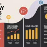 Infographic showing payday loan impact by education level. Charts compare high school graduates, some college, and bachelor's degree holders, illustrating payday loan and education loan percentages and relative amounts.