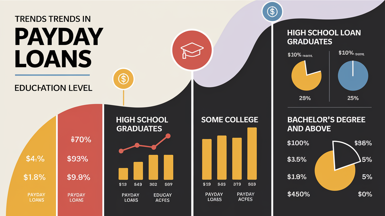Infographic showing payday loan impact by education level. Charts compare high school graduates, some college, and bachelor's degree holders, illustrating payday loan and education loan percentages and relative amounts.