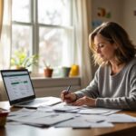 A single parent sits at a table in a well-lit room, reviewing paperwork and writing notes. A laptop displaying financial information about payday loans is open in front of her. Children's artwork decorates the walls, and natural light streams through a window.