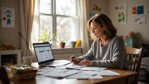 A single parent sits at a table in a well-lit room, reviewing paperwork and writing notes. A laptop displaying financial information about payday loans is open in front of her. Children's artwork decorates the walls, and natural light streams through a window.