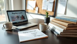 A desk with a laptop displaying a payday loans website, two coffee cups, a stack of books, a notepad labeled "Payday Loans 101: Tips for Beginners," and a small potted plant—perfect for those seeking payday loan advice.