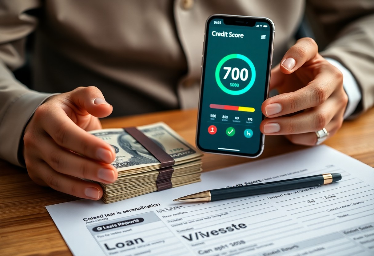 A person holds a smartphone displaying a credit score of 700 and rests their other hand on a stack of cash, with a loan application form and pen on the table.
