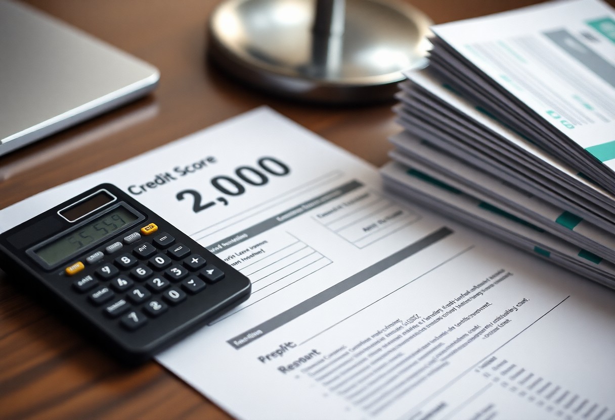 A calculator rests on top of a credit score report showing a score of 2,000. Nearby, there is a large stack of documents and part of a laptop and desk lamp are visible on a wooden desk.