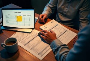 Two people sit at a table reviewing financial documents and a credit report displayed on a laptop. One person uses a calculator, and there is a cup of coffee on the table. The scene suggests a financial discussion.
