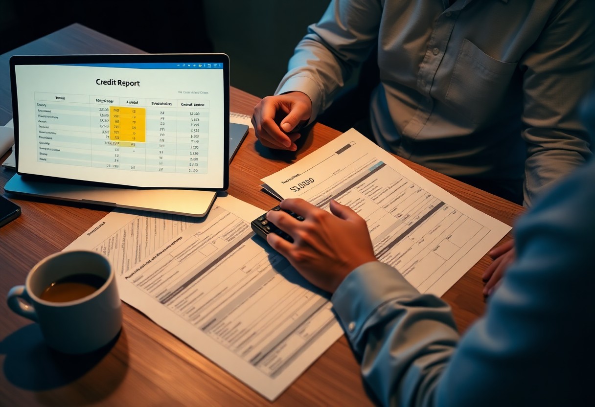 Two people sit at a table reviewing financial documents and a credit report displayed on a laptop. One person uses a calculator, and there is a cup of coffee on the table. The scene suggests a financial discussion.