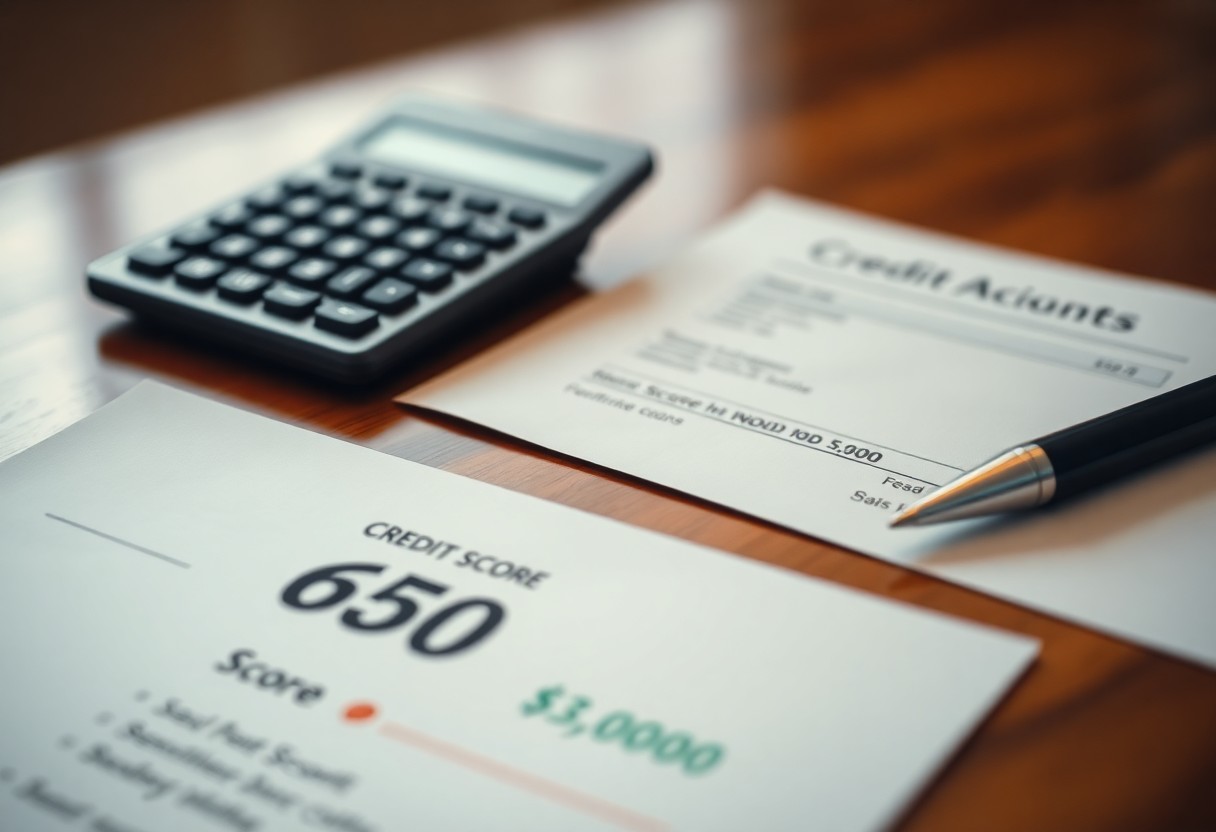 A calculator, a pen, and two documents are on a wooden table. One document shows a credit score of 650 and a $1,000 balance; the other is labeled “Credit Accounts.”.