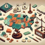 An illustrated map of the United States is surrounded by symbols of law and finance, highlighting trends and future impacts in Payday Loan Industry Regulation with scales, gavels, money bags, coins, a contract, law books, pens, courthouse columns, and stacks of cash.