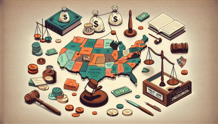 An illustrated map of the United States is surrounded by symbols of law and finance, highlighting trends and future impacts in Payday Loan Industry Regulation with scales, gavels, money bags, coins, a contract, law books, pens, courthouse columns, and stacks of cash.