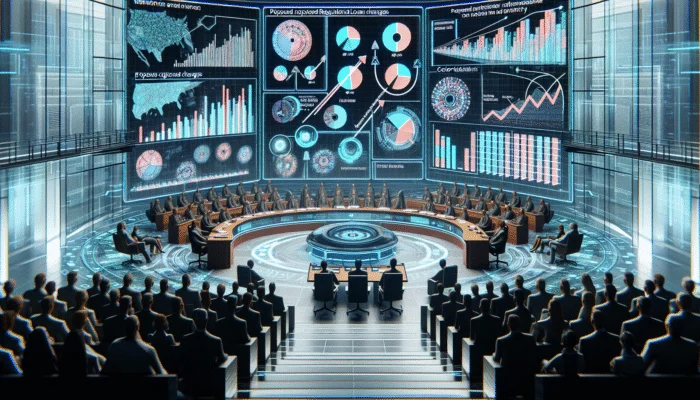 A futuristic courtroom with a digital screen showing proposed payday loan regulations, experts discussing.