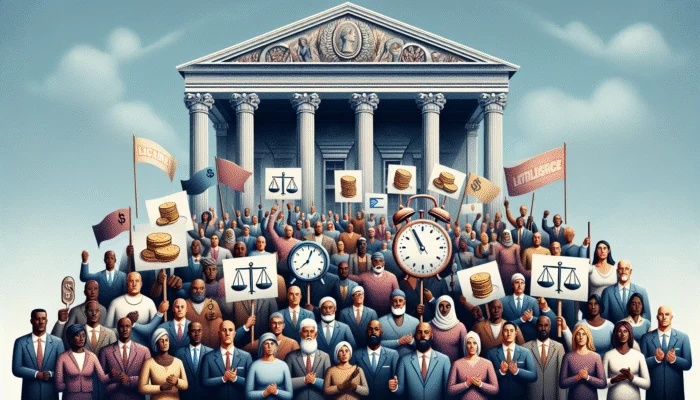 Diverse crowd rallying for stricter payday loan regulations and transparency in front of government building.