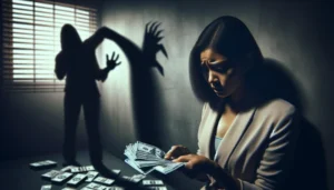 A woman in a suit counts a stack of money while looking worried; behind her, the shadowy figure of payday loans looms on the wall, and loose bills are scattered on the floor.