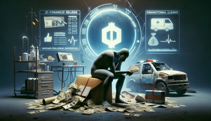 Person counting cash from payday loan envelope, medical bills and broken car in background, symbolizing urgent financial relief.