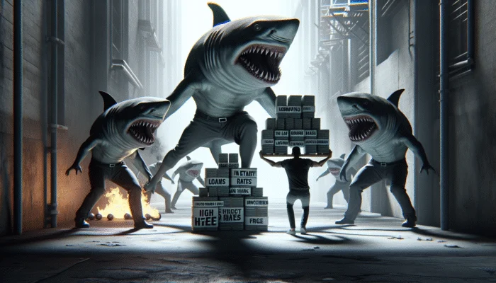 A person overwhelmed by debt in a dark alley, surrounded by predatory loan sharks with high interest rate signs.