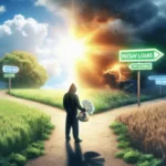 A person in a hoodie stands at a fork in the road holding a bag of money; signs point to payday loans and other options. Green fields under a blue sky contrast with dark clouds over wheat—highlighting smart strategies to save money.
