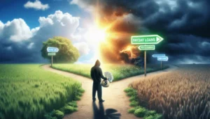 A person in a hoodie stands at a fork in the road holding a bag of money; signs point to payday loans and other options. Green fields under a blue sky contrast with dark clouds over wheat—highlighting smart strategies to save money.