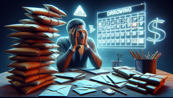 Person anxiously awaiting payday, surrounded by bills, with Payday Loan sign in background.