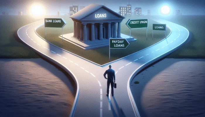 A person at a crossroads choosing between clear paths for bank and credit union loans, and a shadowy path for payday loans.