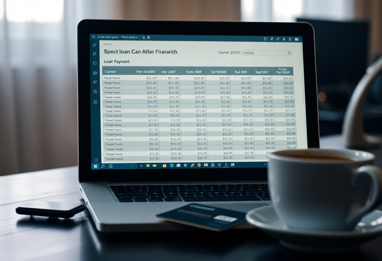 A laptop on a desk displays a financial spreadsheet with names, payment details, and loan amounts. A cup of coffee, a smartphone, and a credit card are placed nearby. The background shows a window with curtains.