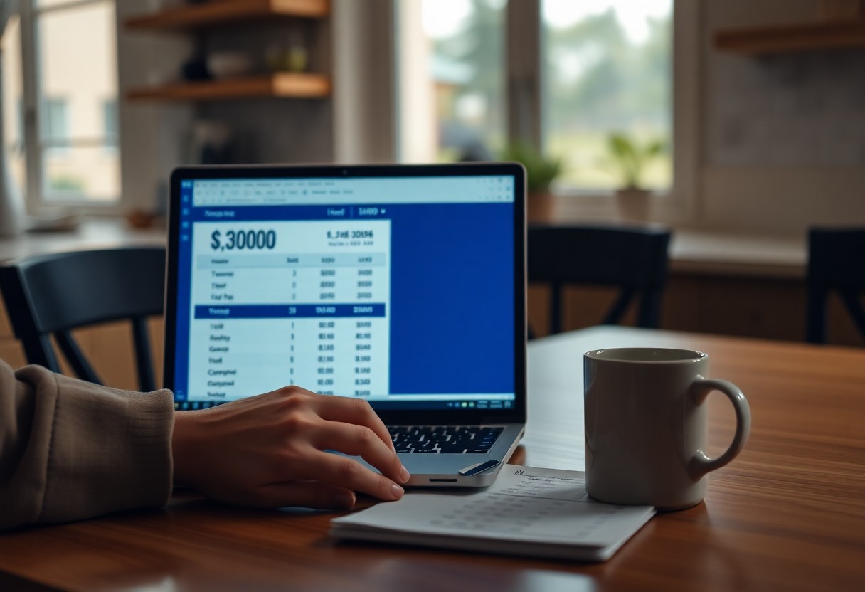 A person uses a laptop displaying a financial spreadsheet with a $30,000 budget at a wooden table. A pen and notebook are next to the laptop, and a white mug sits nearby. The setting appears to be a bright kitchen.