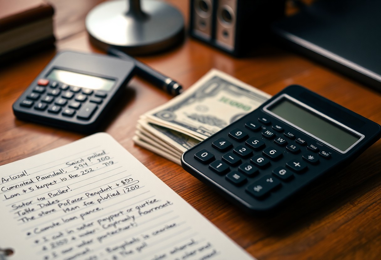 A notebook with handwritten notes, two black calculators, a stack of US dollar bills, and a pen are arranged on a wooden desk. The scene suggests financial planning or accounting work.