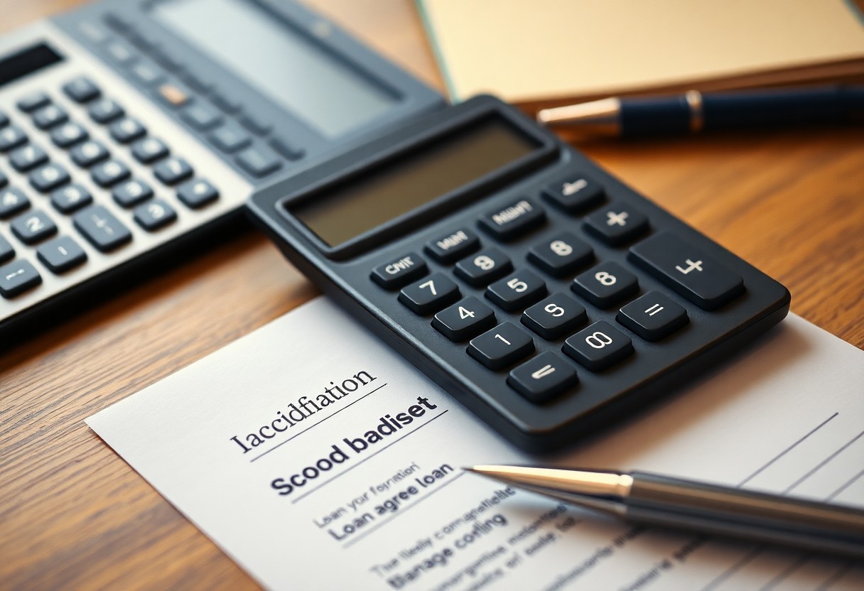 A close-up of two calculators, a silver pen, and a document on a wooden desk. The document contains some text, with the heading and content appearing intentionally nonsensical.